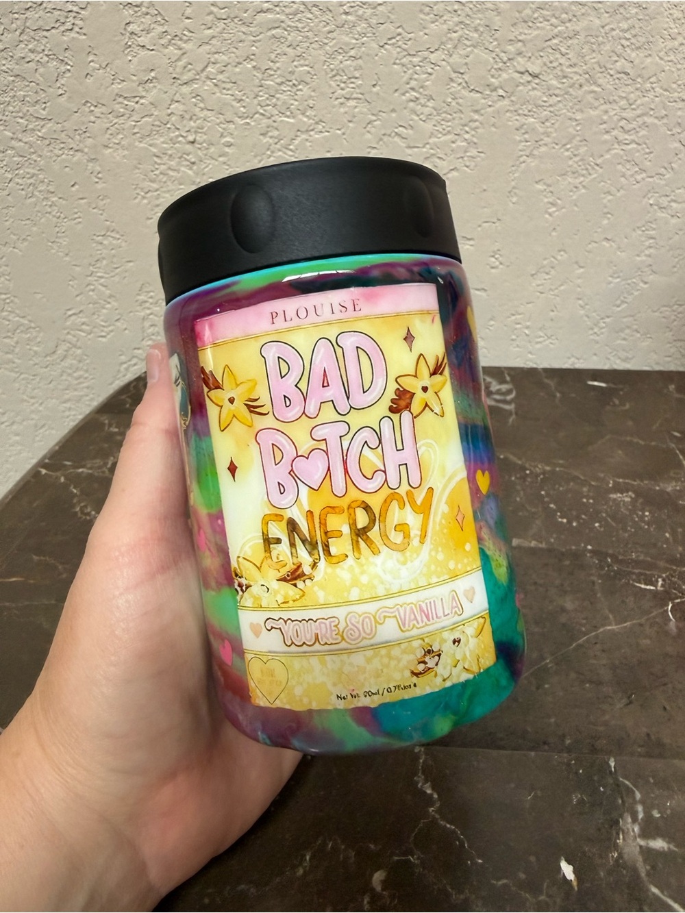 Bad Bich Energy Marble Swirl Glitter 12 oz Can Cooler Handmade